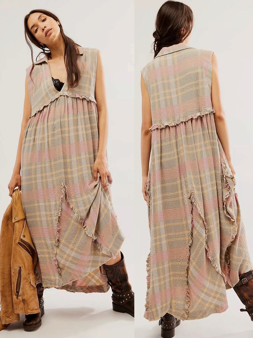 Free People Oversized Bohemian Grunge 90s Plaid Kirby Maxi Dress Size Large